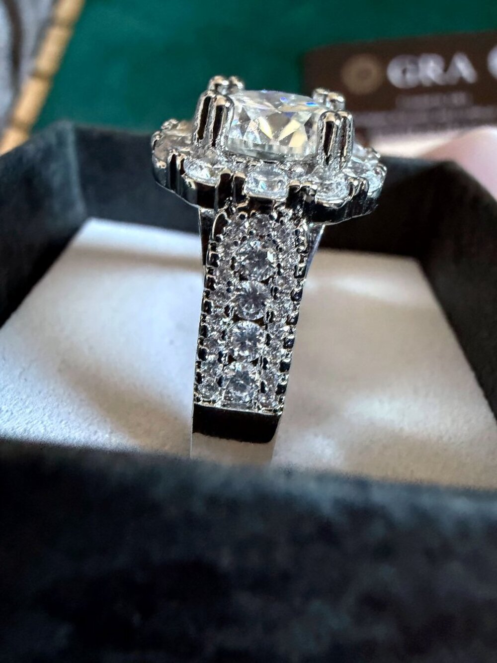Round Moissanite Halo Ring Wide Pave Band 14K White Gold Plated Size 8.5 GRA